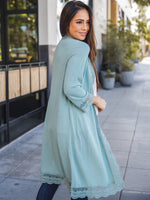 3/4 Sleeve Lace Trim Cardigan - Slate Blue