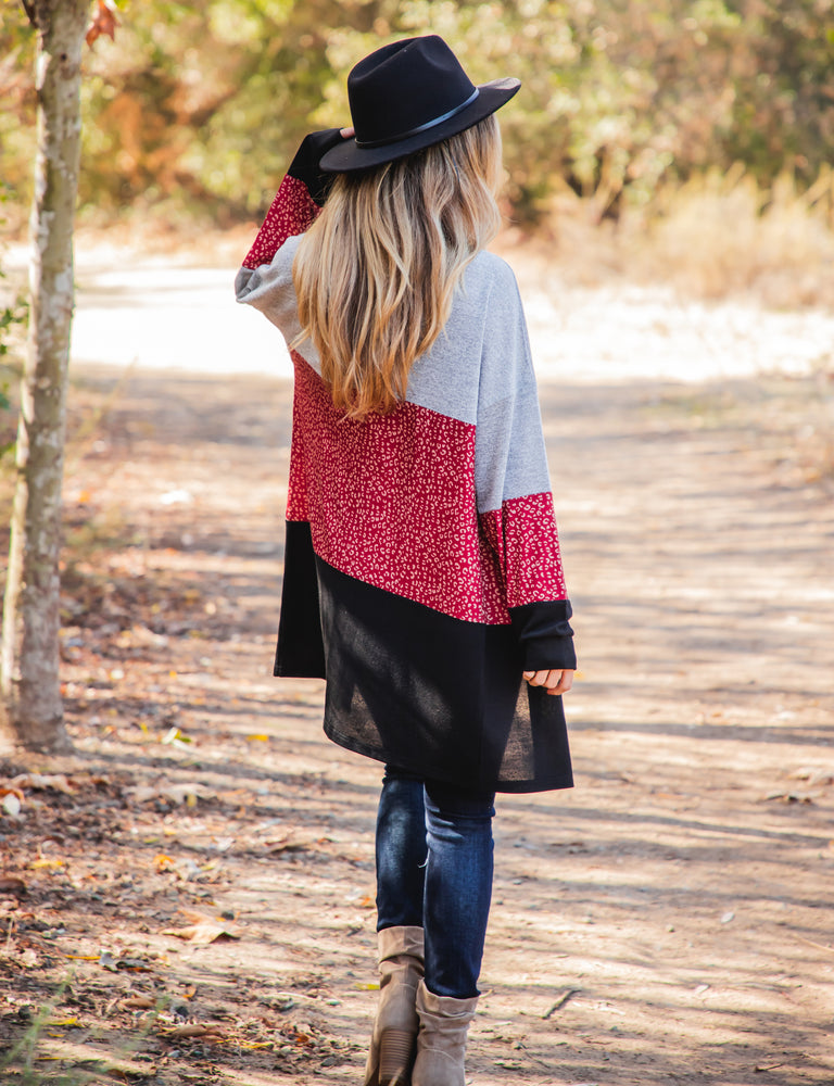 Tatum Cardigan - Gray / Burgundy Animal Print / Black