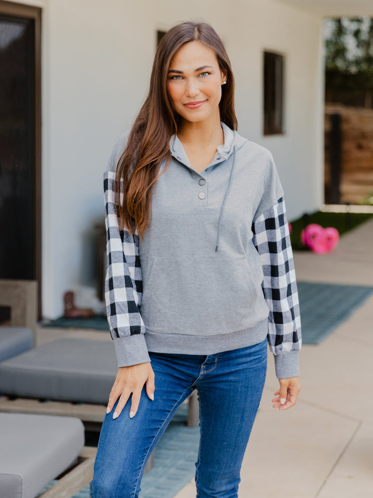 Ellie Plaid Sleeve Hoodie - Gray