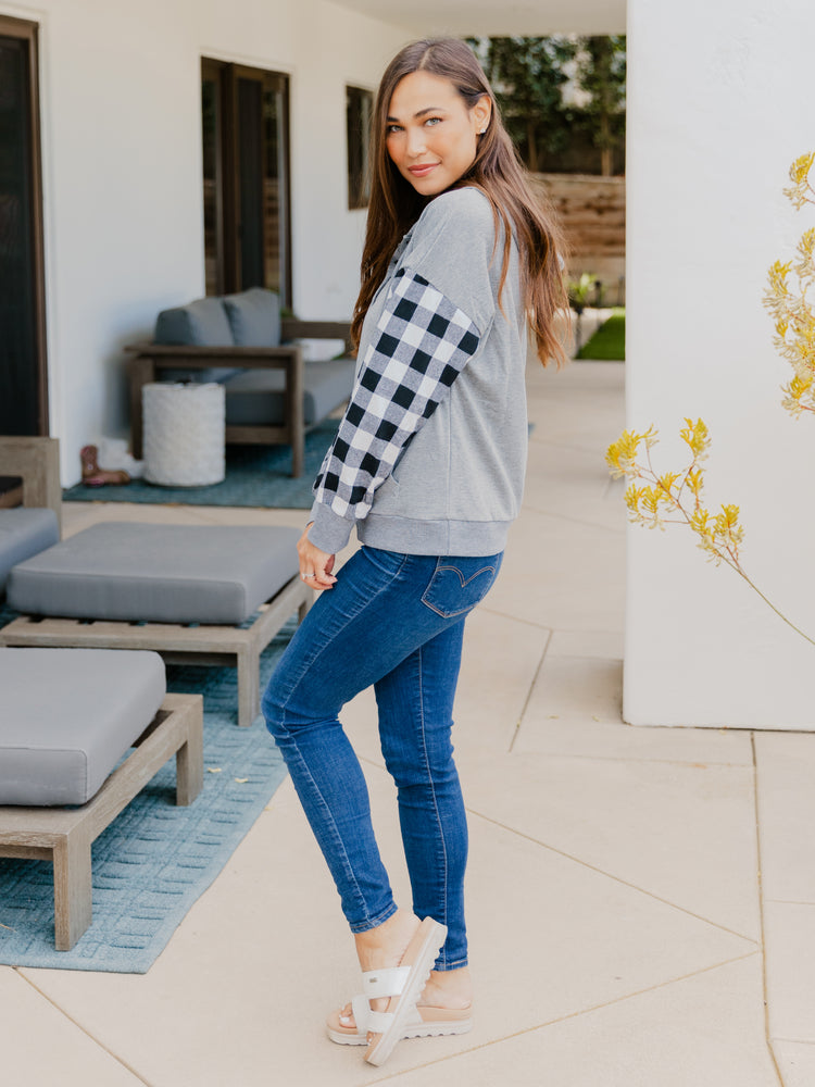 Ellie Plaid Sleeve Hoodie - Gray