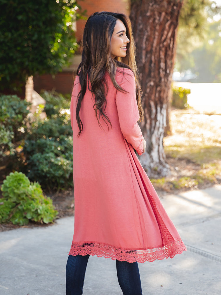 3/4 Sleeve Lace Trim Cardigan - Coral
