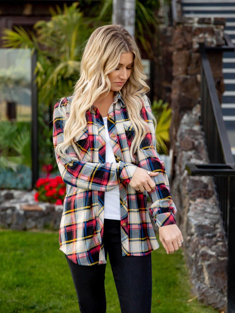 The Whitney Plaid Button Down Top - Red