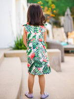 Girls -  Knotted Shoulder Tank Dress - Cream Tropical
