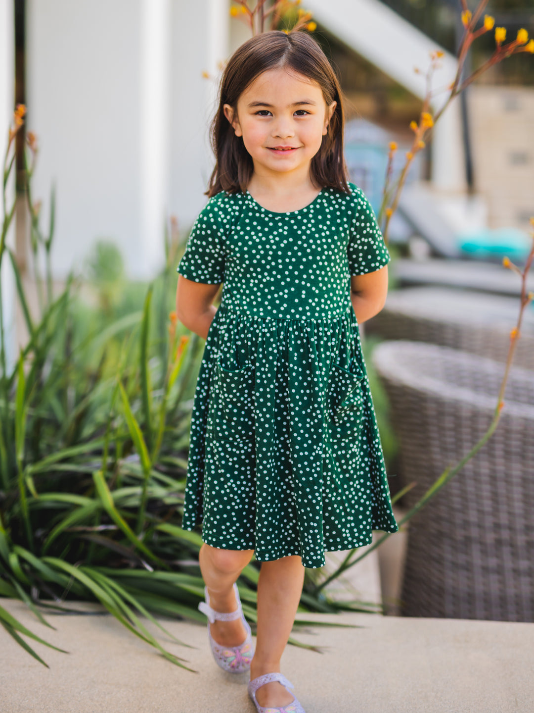 Green Dot Pocket Little Girls Dress
