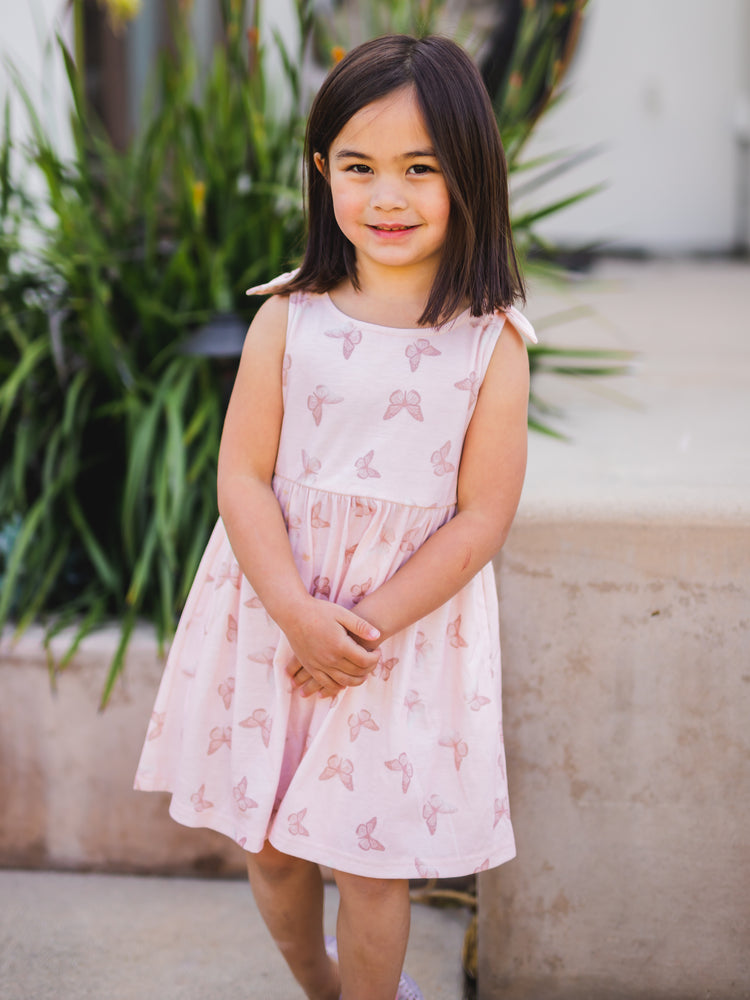 Girls -  Knotted Shoulder Tank Dress - Pink Butterfly