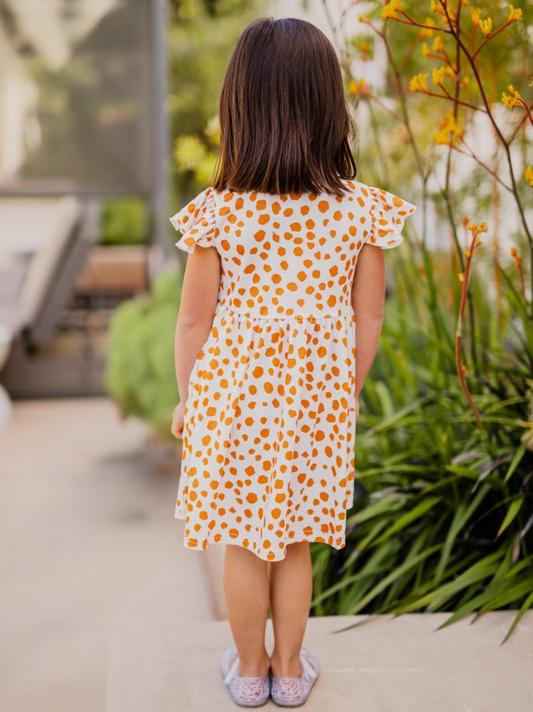 Girls Ruffle Sleeve Dress - White Orange Pattern