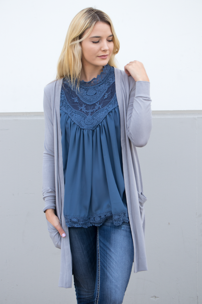 Lace Detail Tank - Dusty Blue - Tickled Teal LLC