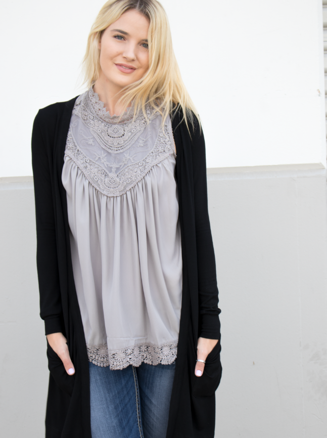 Lace Detail Tank - Gray - Tickled Teal LLC