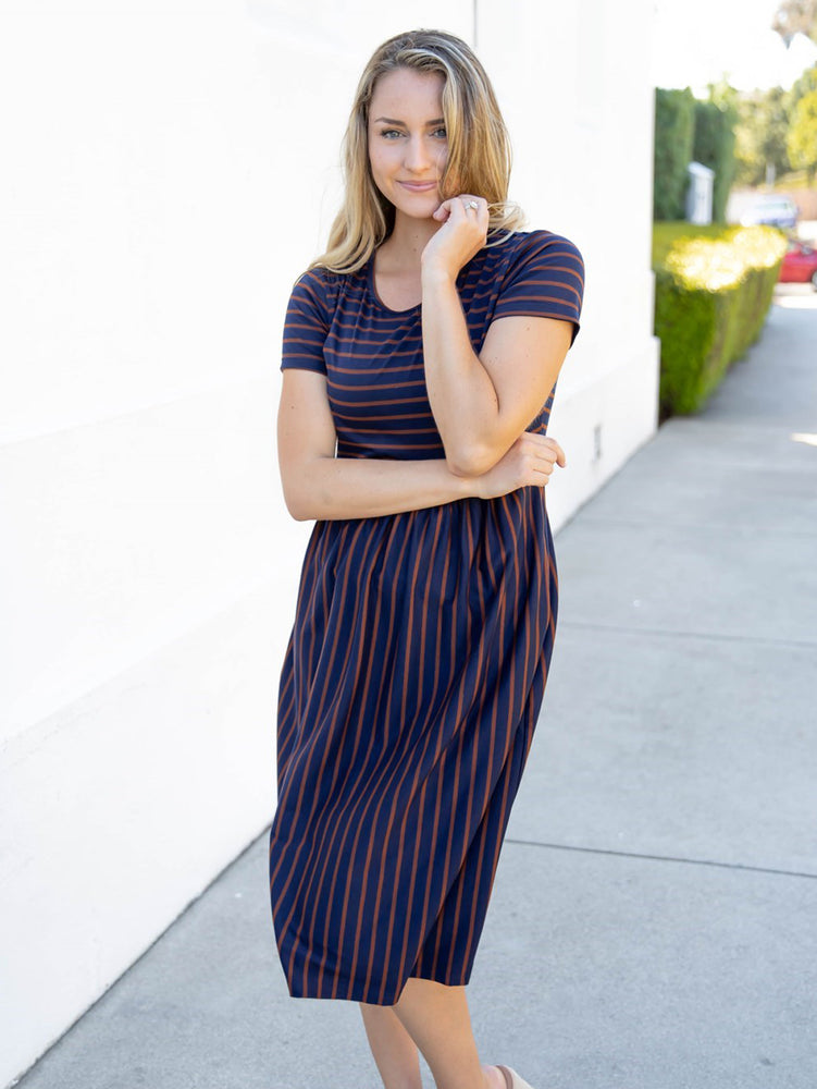 Striped Midi Dress - Navy/brown