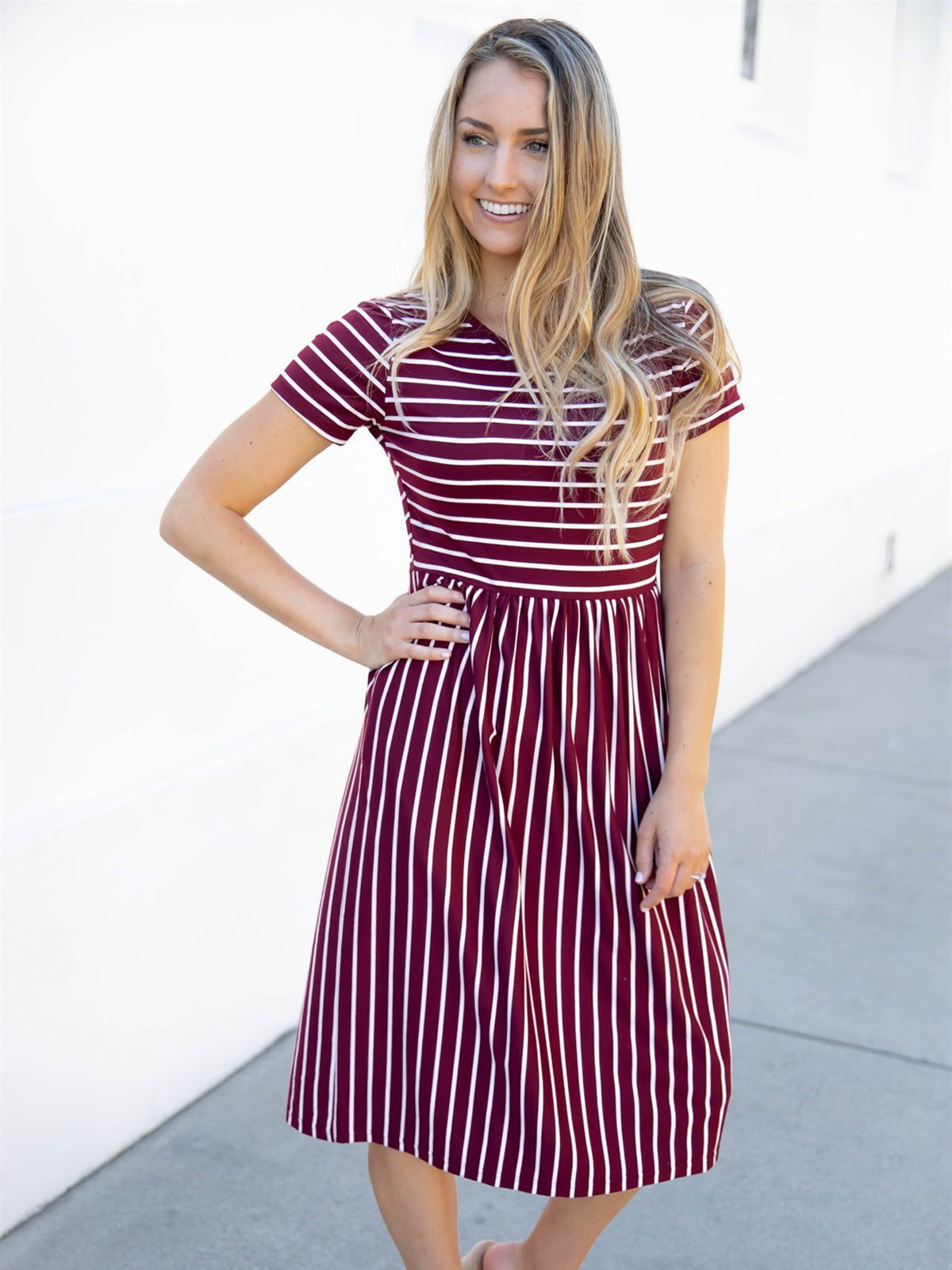 Striped Midi Dress - Stylish and Comfortable Burgundy Dress – Tickled ...