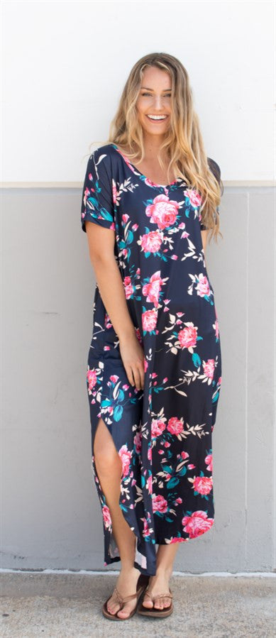 Relaxed Floral Maxi Dress - Navy - Tickled Teal LLC