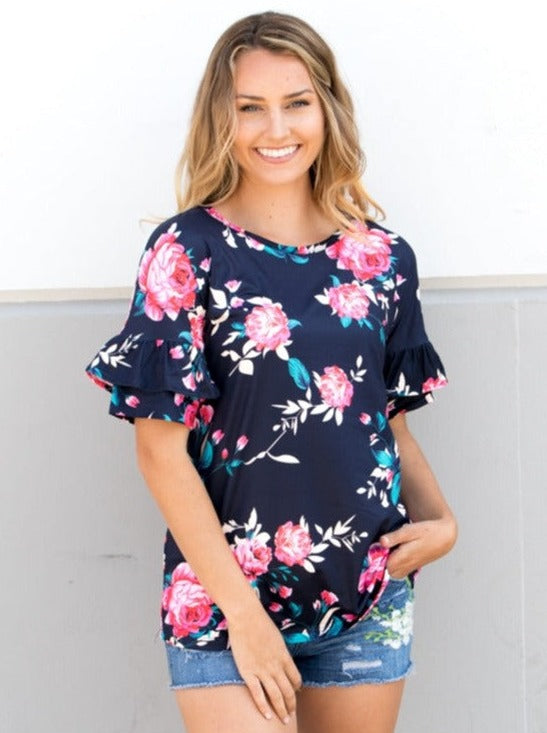 Ruffle Sleeve Floral Tunic - Navy - Tickled Teal LLC