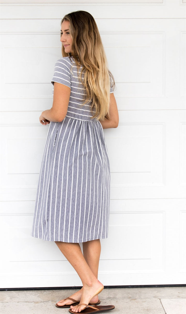 Striped Midi Dress - Gray - Tickled Teal LLC