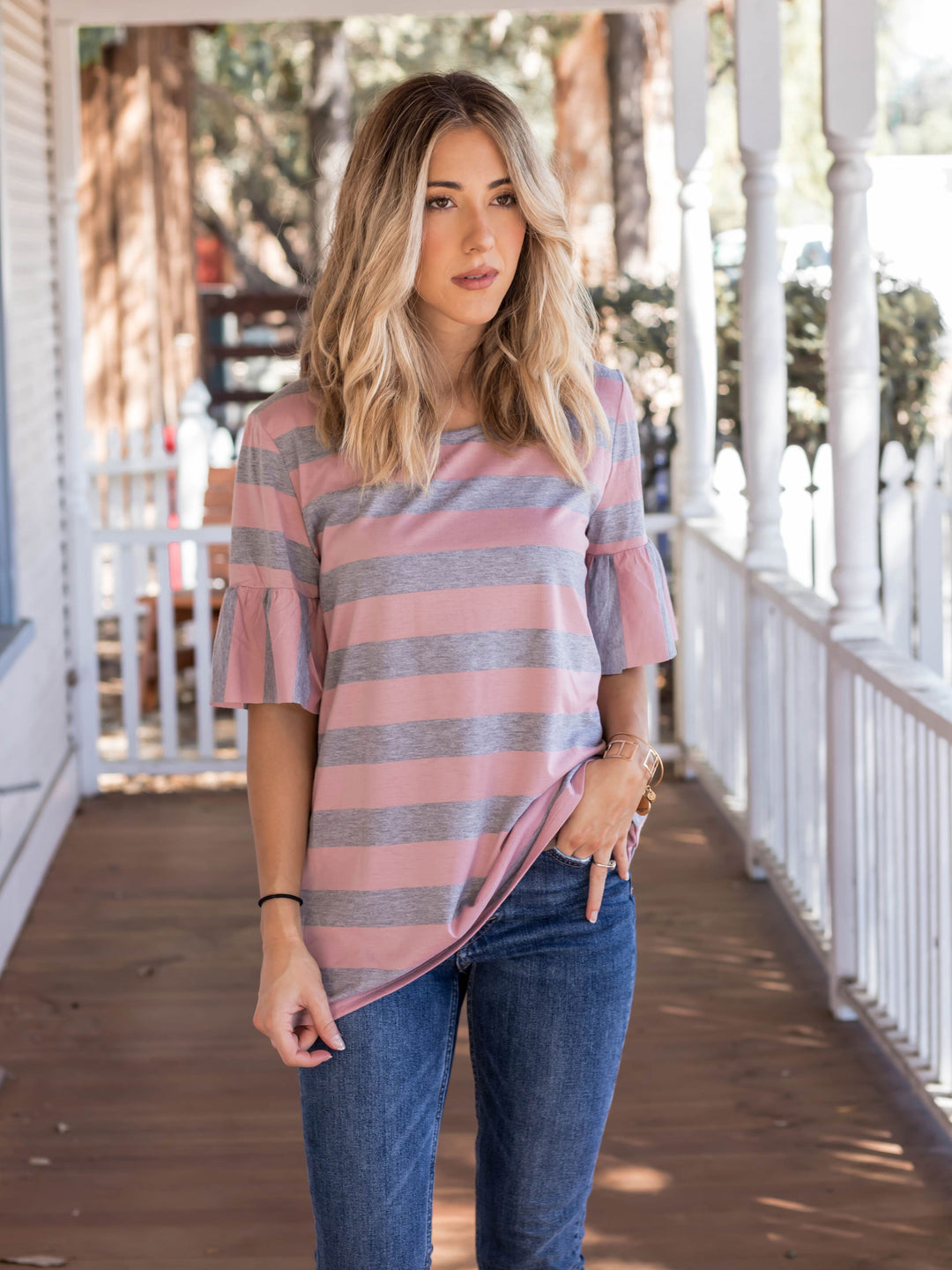 Thick Stripe Flare Sleeve Kamy Top