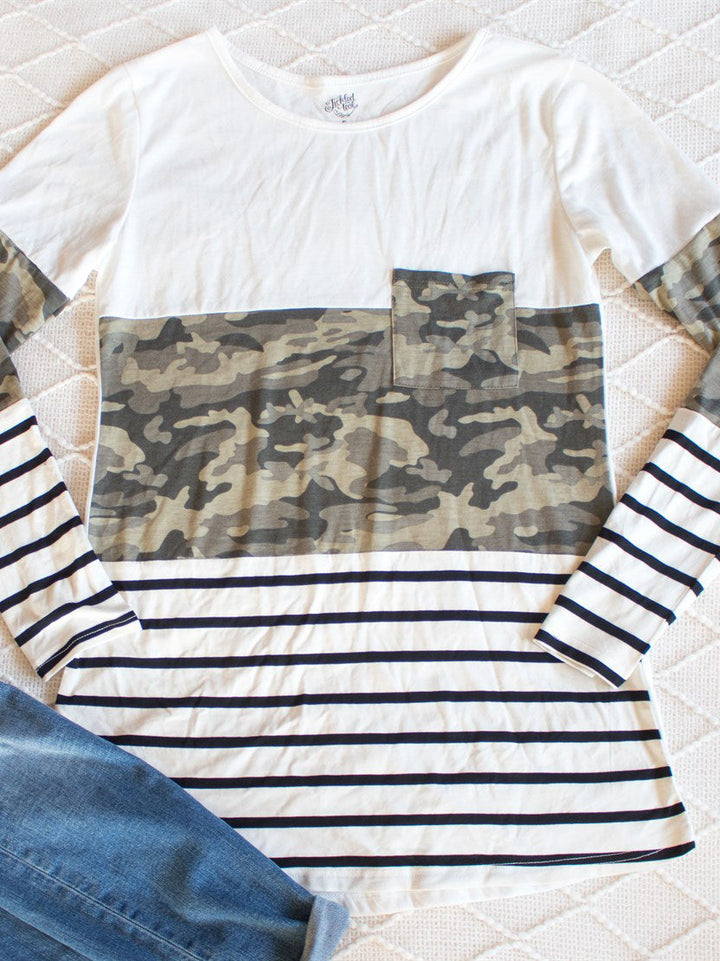 Stripe and Camo Colorblock Top