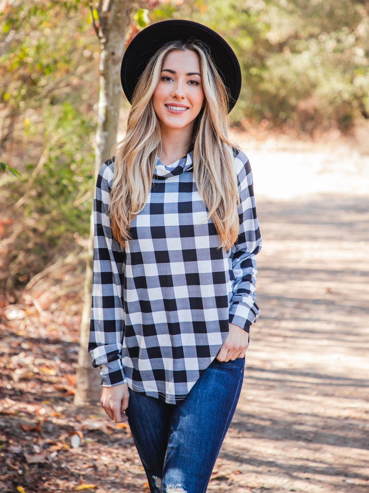 Livi Cowl Neck Top - White Buffalo Plaid