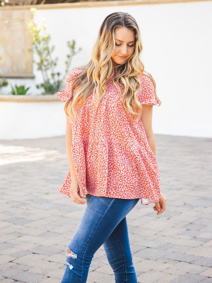 The Michelle Babydoll Top - Red/Orange Floral