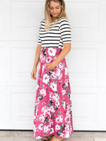 Stripe and Floral Maxi Dress - Pink