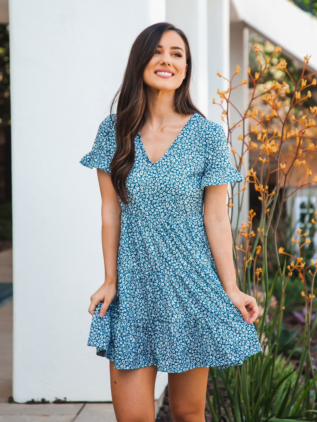 tiered mini swing dress Karymi Summer Dresses for Women 2026 V-Neck Tiered Mini Dress, Short Sleeve Crinkle Cotton Casual Swing Dress, Loose Fit Ruffle Hem Summer Sundress