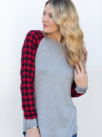 Red Plaid Sleeve Top - Gray