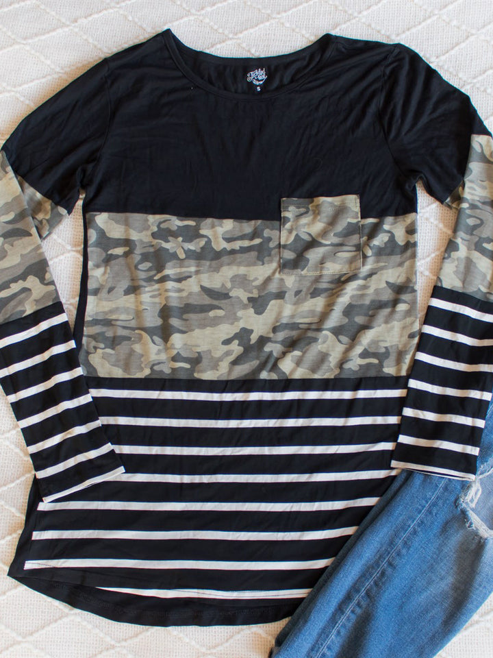 Stripe and Camo Colorblock Top