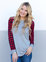 Red Plaid Sleeve Top - Gray