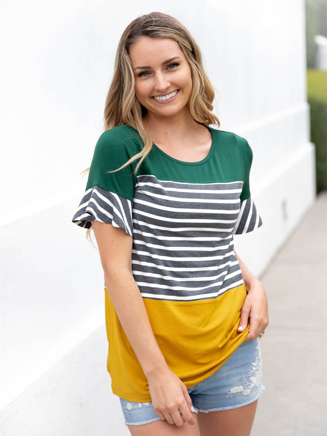 Flare Sleeve Striped Kelly Top