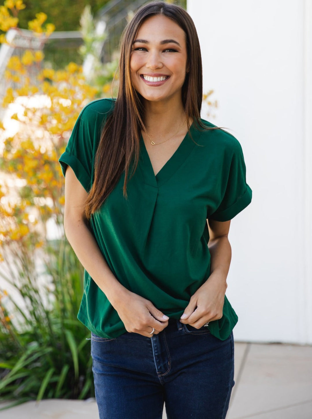 Solid V-neck Cuffed Sleeve Lisa Top