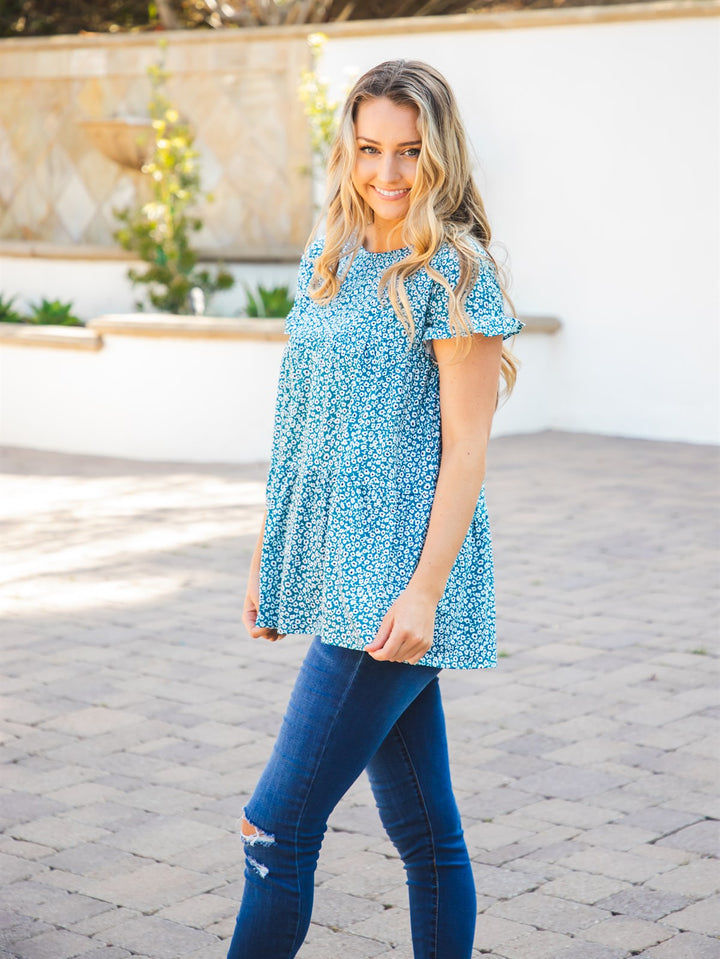 The Michelle Babydoll Top - Blue Floral