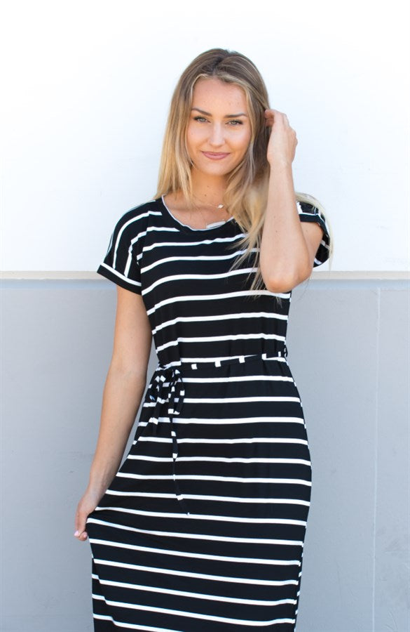 Cuffed Sleeve Striped Maxi Dress - Tickled Teal LLC