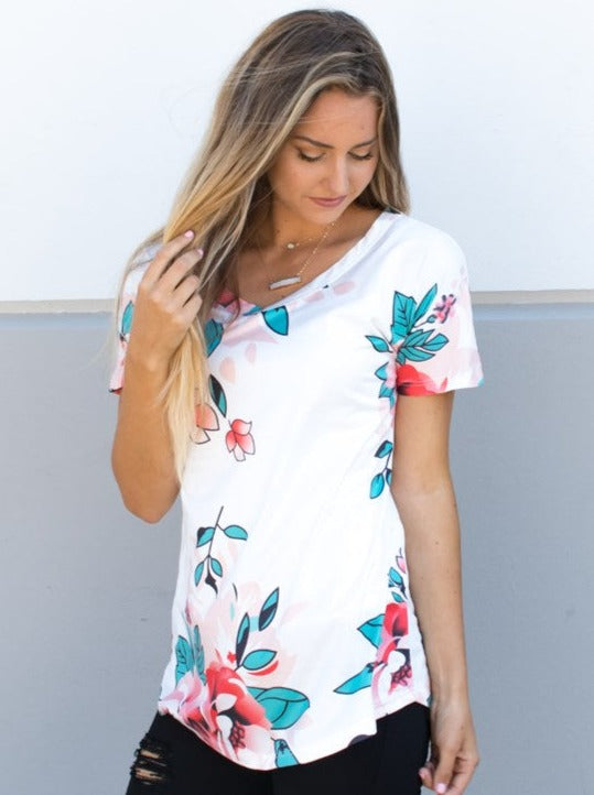 Floral V-Neck Tunic -  White