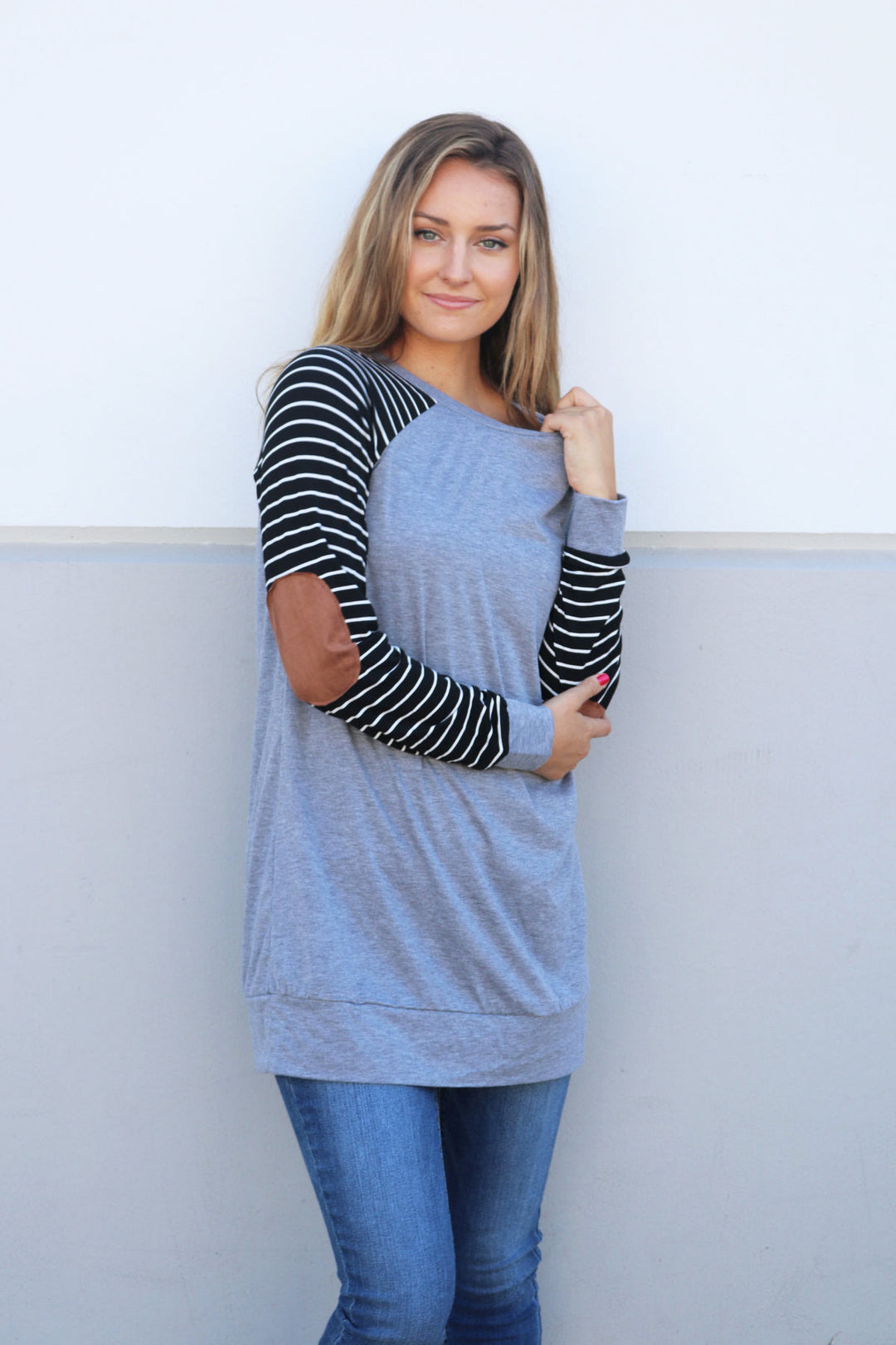 Stripe Elbow Patch Contrast Tunic - Tickled Teal LLC