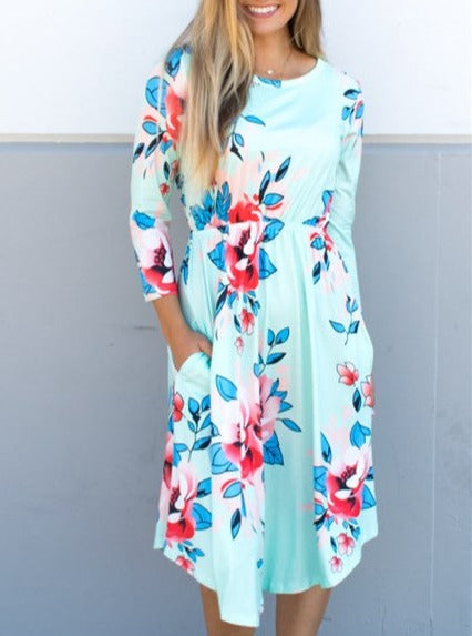 Floral Midi Dress - Mint - Tickled Teal LLC