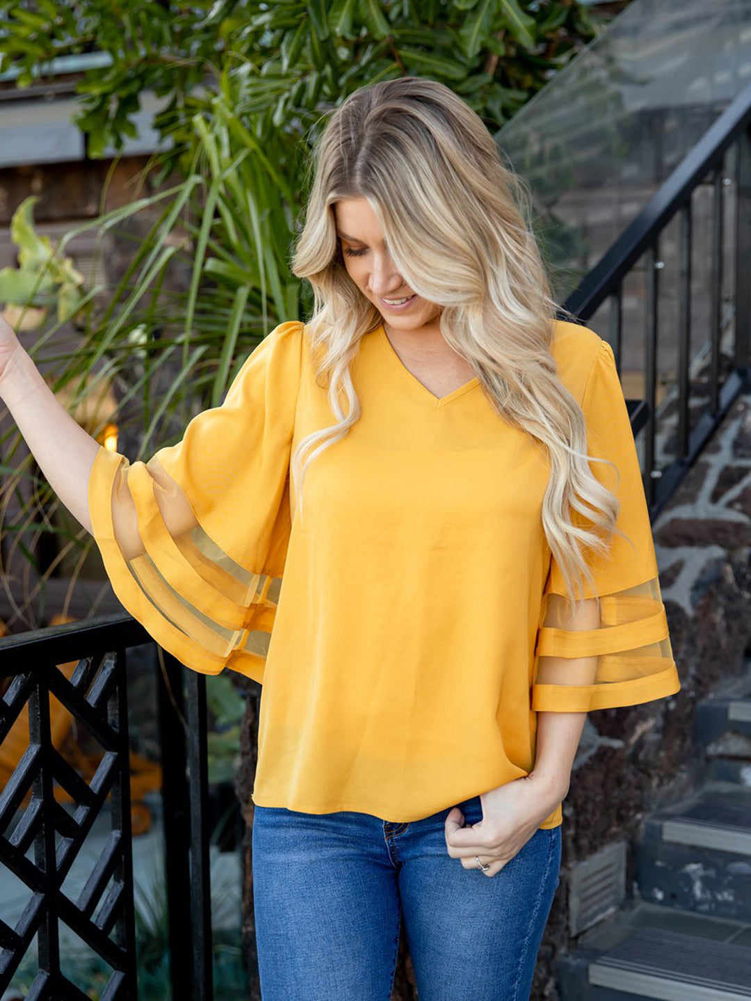 Mesh Inset Bell Sleeve Gia Top