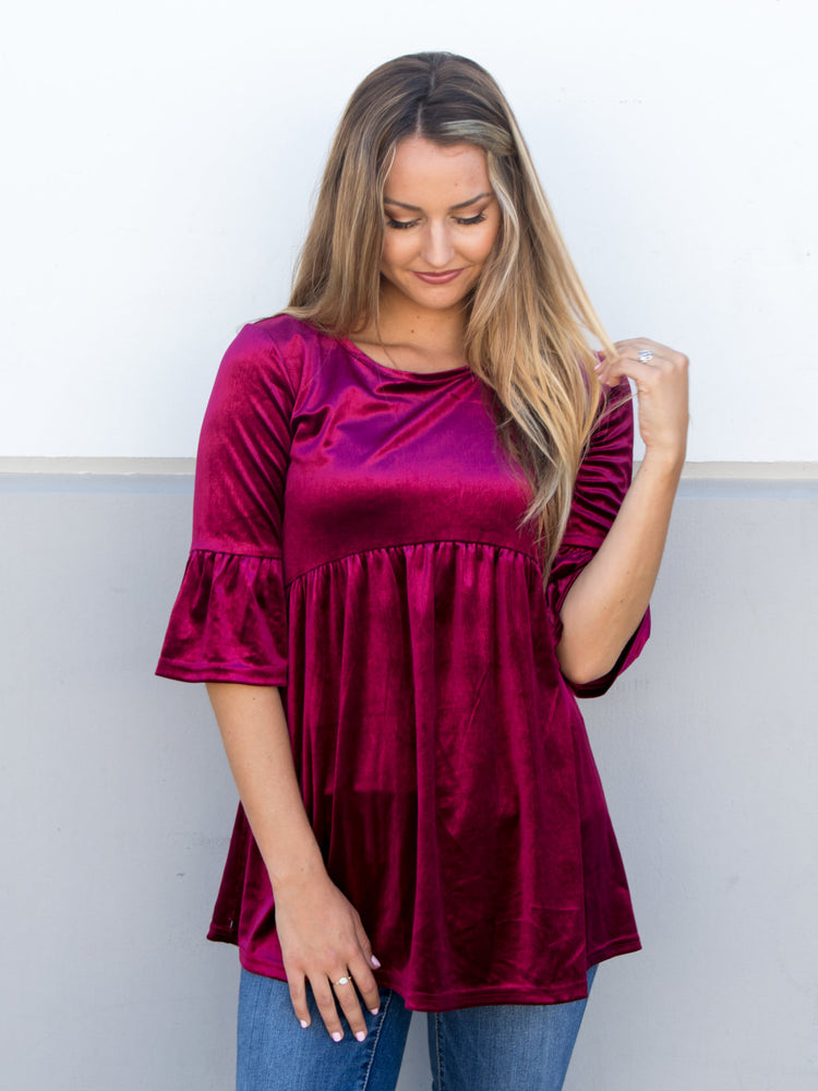 Velvet Flare Sleeve Top - Cranberry