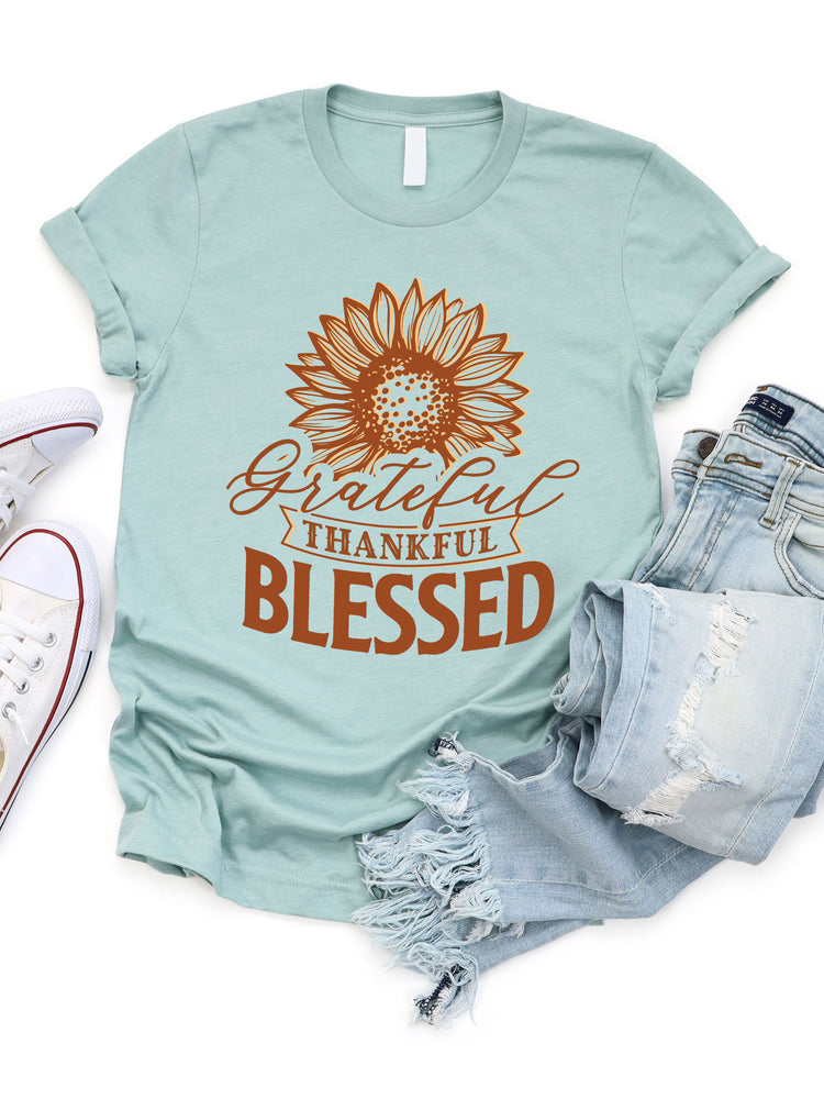 Grateful Thankful Blessed Sunflower Graphic Tee