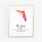 Custom Pink Red Watercolor State Family Print