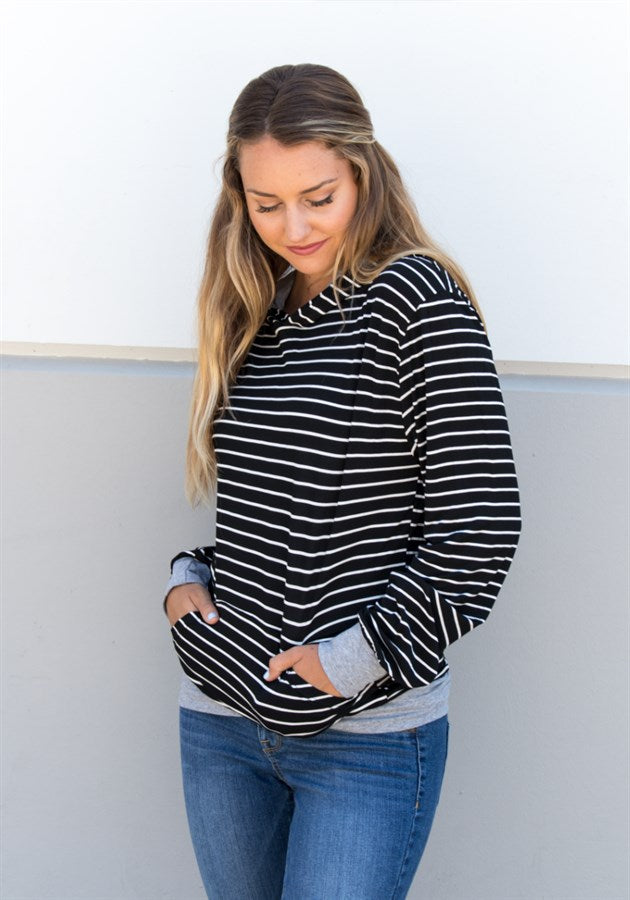 Skinny Stripe Hoodie - Black - Tickled Teal LLC